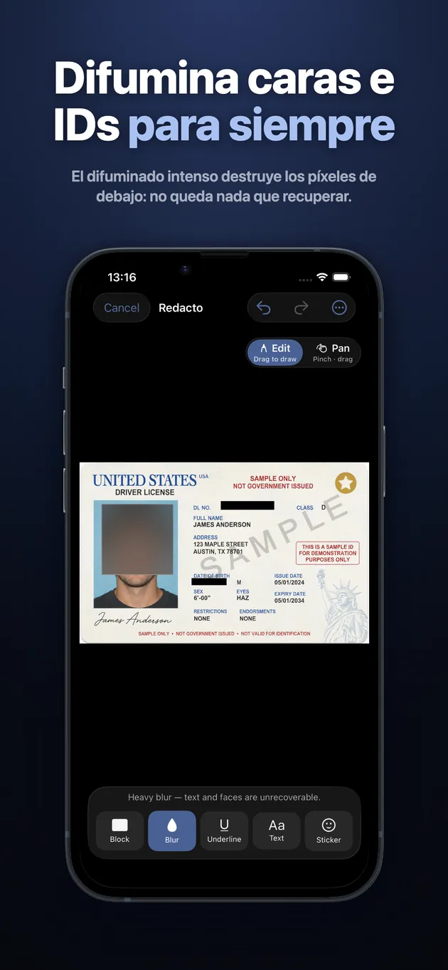 Tacha nombres, difumina caras y censura documentos de identidad en capturas y PDF antes de compartirlos. Las censuras se graban en los píxeles: imposibles de deshacer. 100 % en el dispositivo, sin cuenta y sin nube.